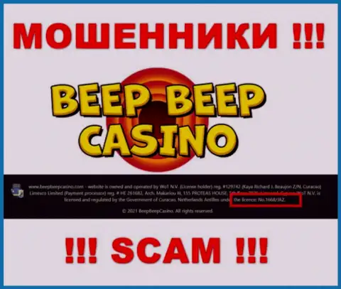 Не работайте совместно с компанией BeepBeepCasino, даже зная их лицензию, предоставленную на интернет-сервисе, вы не сможете уберечь свои депозиты