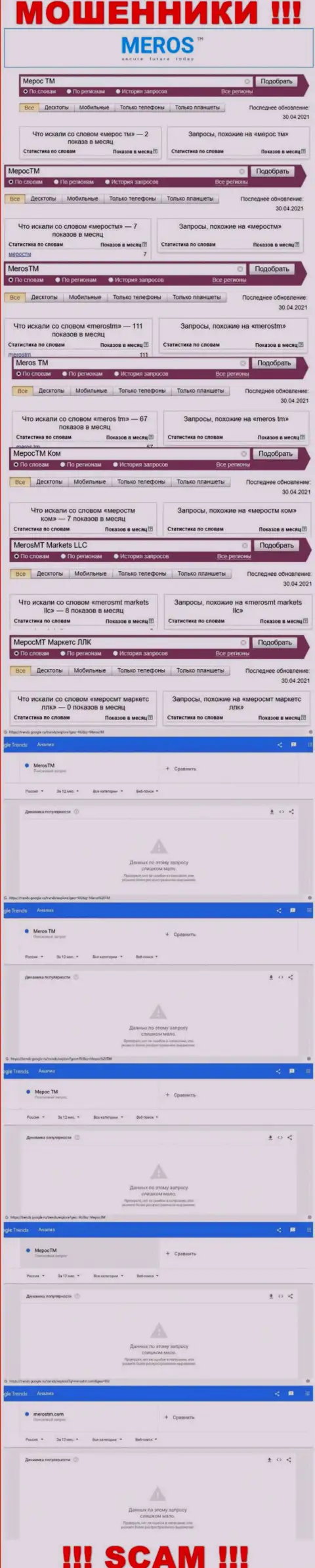 Подробная информация по количеству онлайн запросов по кидалам MerosTM в интернете