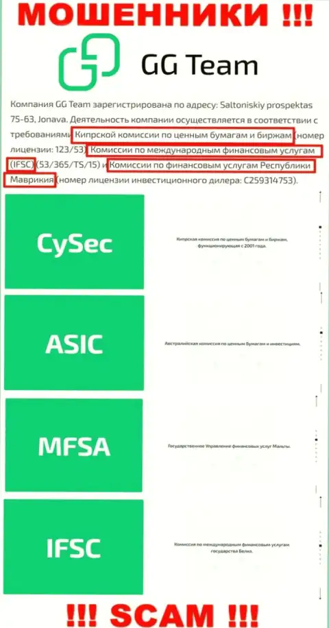 Регулятор - IFSC, точно также как и его подконтрольная компания GG Team это МОШЕННИКИ