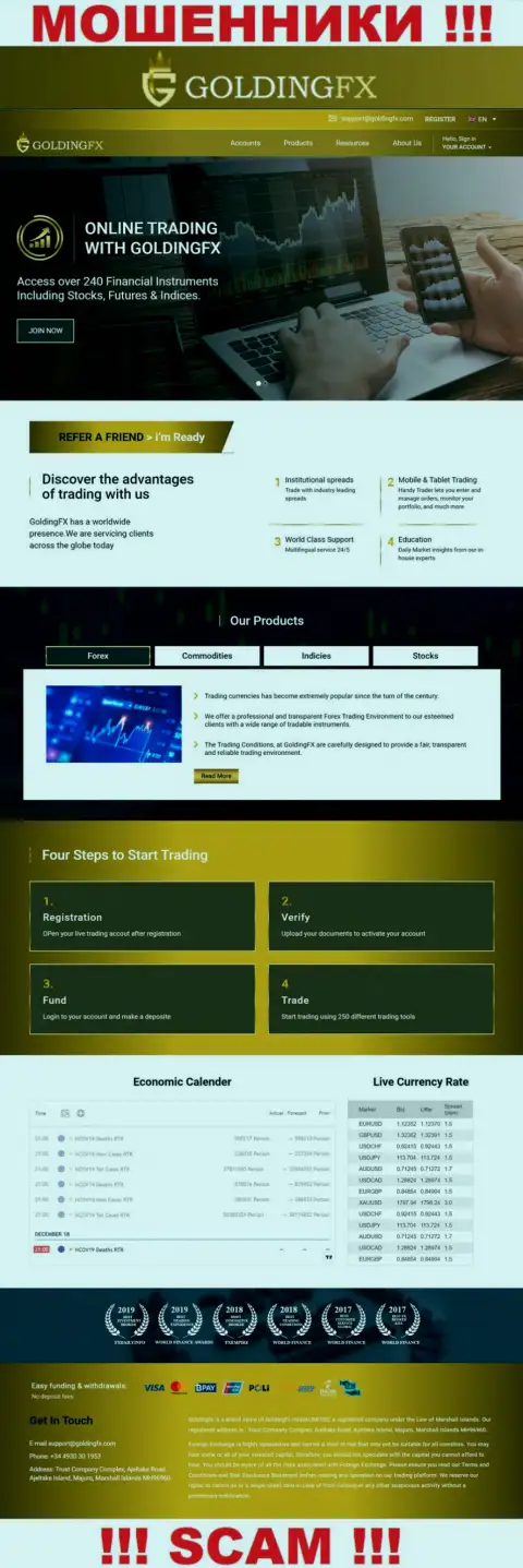 Официальный сайт мошенников Golding FX, заполненный материалами для доверчивых людей
