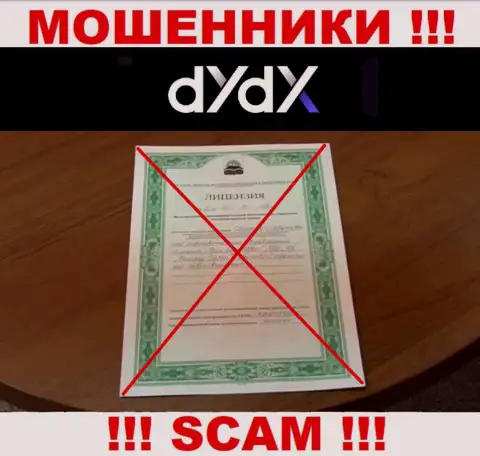 У dYdX напрочь отсутствуют данные о их лицензии - это ушлые мошенники !!!